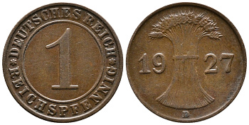 ГЕРМАНИЯ 1 РЕЙХСПФЕННИГ 1927 D KM 37, J. 313 бронза 39-928
