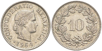 ШВЕЙЦАРИЯ 10 РАППЕНОВ 1964 В KM 27 медно-никель 55-342