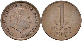 Нидерланды 1 цент 1963 Юлиана (1948-1980) КМ 180 бронза    4174-564