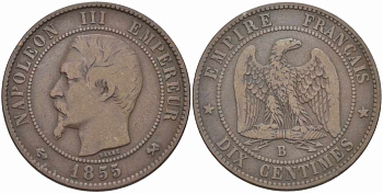 Франция 10 сантимов 1855 B, Наполеон III (1852-1870) KM 771.2, Le Franc 133.21 бронза    4680-531
