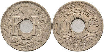Франция 10 сантимов 1923 тип Линдайё KM 866а медно-никель 4116-451