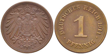 ГЕРМАНИЯ 1 ПФЕННИГ 1911 E KM 10, J. 10, Weege 2 медь 211-446