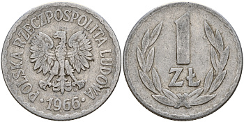 Польша 1 злотый 1966 MW KM 49.1 алюминий    4187-357