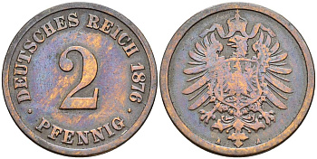 Германия 2 пфеннига 1876 A, старогербовка KM 2, Jager 2, Weege 3 медь 4546-556