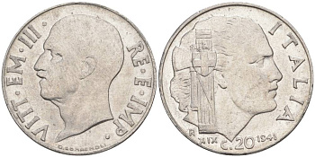 ИТАЛИЯ 20 ЧЕНТЕЗИМО 1941 R, ГОД XIX, ВИКТОР ЭММАНУИЛ III (1900-1946) KM 75b, VEM3. 1028 нержавеющая сталь 3853-814