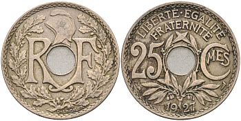 Франция 25 сантимов 1927 тип Lindauer KM 867а, Le Franc 171.11 медно-никель 4584-431