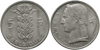 БЕЛЬГИЯ 5 ФРАНКОВ 1974 BELGIQUE KM 134.1 медно-никель 98-646