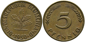 ФРГ 5 ПФЕННИГОВ 1950 J KM 107, J. 382 сталь плакированная латунью 33-157