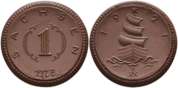 Саксония 1 марка 1921 парусник J. N 55 фарфор 1094-3-44