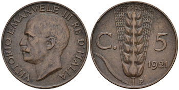 Италия 5 чентезимо 1921 R, Виктор Эммануил III KM 59 медь 4594-331
