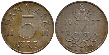 ДАНИЯ 5 ЭРЕ 1977 S; B, МАРГРЕТЕ II (1972-) KM 859.1 железо плакированное медью 4398-911