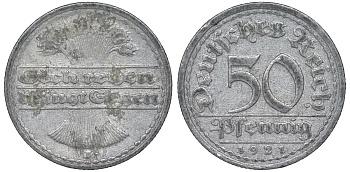 Германия 50 пфеннигов 1921 J - Гамбург KM 27 алюминий 4176-117