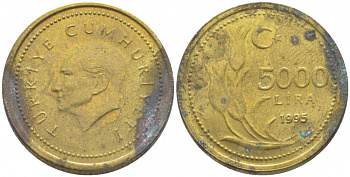Турция 5000 лир 1995 Мустафа Кемаль Ататюрк KM 1029.1 латунь 3856-614