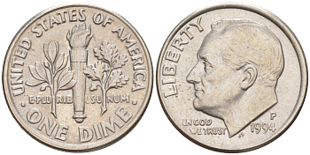 США 10 ЦЕНТОВ = 1 ДАЙМ 1994 P, РУЗВЕЛЬТ KM 195a медь плакированная медно-никелем 187-1113