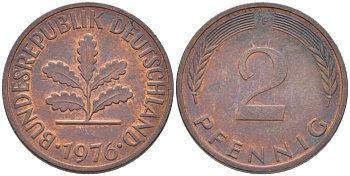 ФРГ 2 ПФЕННИГА 1976 F KM 106a, J. 381a сталь плакированная сталь плакированная медьюю 116-333