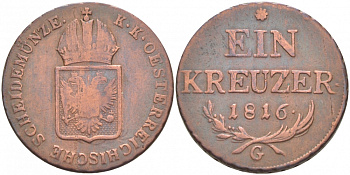 АВСТРИЯ 1 КРЕЙЦЕР 1816 G, ФРАНЦ II (1792-1835) KM 2113 медь 51-316