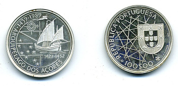 Португалия 100 эскудо 1989 серия золотой век португальских открытий, 550 лет открытия Азорских островов KM 648a серебро PROOF 00-00