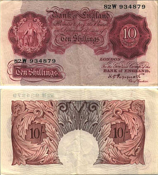 АНГЛИЯ 10 ШИЛЛИНГОВ 1948 КОРИЧНЕВАЯ, ПОДПИСЬ K.O. PEPPIATT, СЕРИЯ 82W Pick 362d бумага VF 7207-41-2