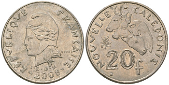 Французская Новая Каледония 20 франков 2008 три быка, (IEOM) KM 12a, Schoen 14a медно-никель 4131-1042