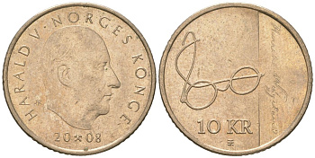 Норвегия 10 крон 2008 Харальд V (1991-) KM 457 никель латунь 4616-1123