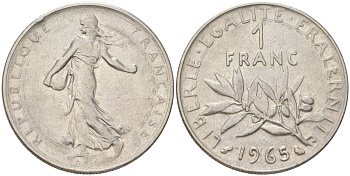 Франция 1 франк 1965 сеятель KM 925.1, Le Franc 226.9 никель 4159-952