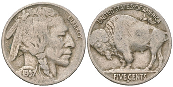 США 5 центов 1937 D, индеец, бизон KM 134 медно-никель 4602-1013