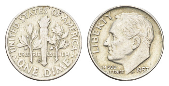 США 10 центов (дайм) 1957 D KM 195 серебро 4659-1146