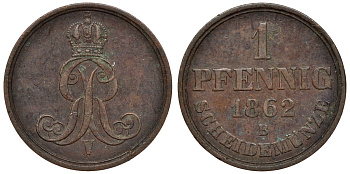 Ганновер 1 пфенниг 1862 B, Георг V KM 233, AKS 156, J. 90 медь 4594-468