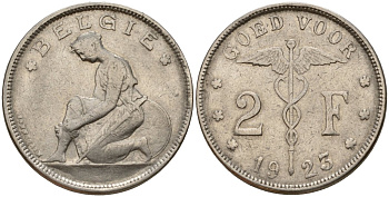 Бельгия 2 франка 1923 Belgie, Альберт I (1909-1934) KM 92 никель 67-1125