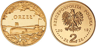 Польша 2 злотых 2012 MW, серия суда польского флота, подводная лодка "Орел" KM 837 нордик UNC M73-21