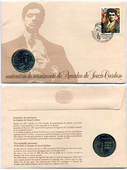 Португалия 100 эскудо 1987 100 лет со дня рождения Амадеу ди Соза-Кардозу, португальский художник, в конверте с маркой первого дня KM 644 медно-никель UNC 5-4-3-65