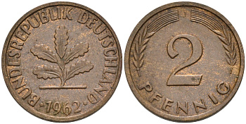 ФРГ 2 пфеннига 1962 J KM 106, J.381 бронза 4575-144