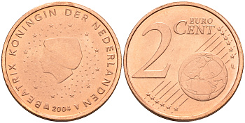 Нидерланды 2 евроцента 2004  КМ 235 сталь плакированная медью UNC   4160-1147