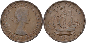 Великобритания 1/2 пенни 1954 Елизавета II (1952-2022) KM 896, Spink 4158 бронза 4592-345