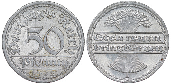 Германия 50 пфеннигов 1922 A KM 27, J. 301 алюминий aUNC 4114-1217