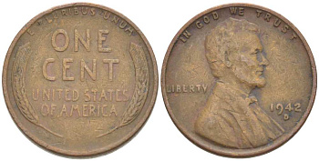 США 1 ЦЕНТ 1942 D, ЛИНКОЛЬН KM 132 бронза 218-141