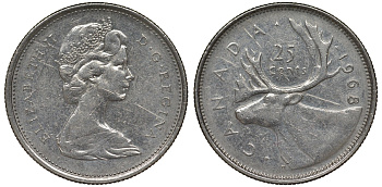 Канада 25 центов 1968 Елизавета II (1952-2022), олень KM 62 b никель 4128-637