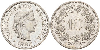 Швейцария 10 раппенов 1982 KM 27 медно-никель 55-517