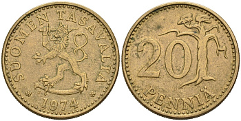 Финляндия 20 пенни 1974 S KM 47 KM 47 алюминиевая бронза 4563-321