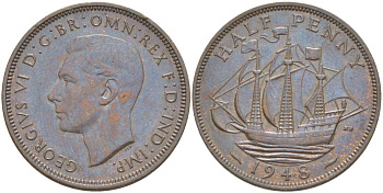 Великобритания 1/2 пенни 1948 Георг VI (1936-1952) KM 844, Spink 4115 бронза 4610-146
