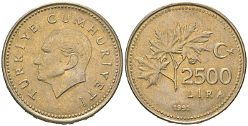 Турция 2500 лир 1991 Кемаль Ататюрк KM 1015 никель бронза 4619-754