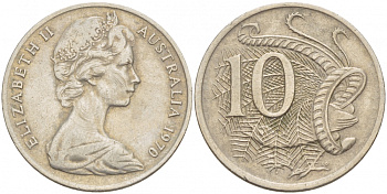 Австралия 10 центов 1970 Елизавета II (1952-), птица лирахвост KM 65 медно-никель 4539-1057