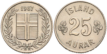 Исландия 25 эйре 1967 KM 11 медно-никель 4564-621