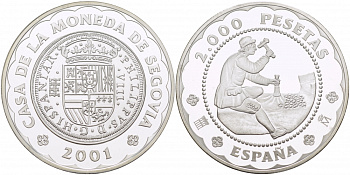 Испания 2000 песет 2001 500 лет монетному двору Сеговии, 8 реалов 1588 года, история монетной чеканки KM 1038 серебро  PROOF  11-255-43