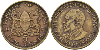 Кения 5 центов 1971 Джомо Кениата KM 10 никель латунь 4126-947