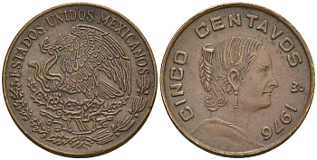 Мексика 5 сентаво 1975 Жозефа Ортис де ДомингесKM 427 латунь 4564-946