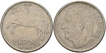 Норвегия 1 крона 1966 Улаф V (1958-1991) KM 409 медно-никель 4150-856