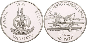 Вануату 50 вату 1992 XXV Олимпийские игры в Барселоне 1992 года, гребля на каное KM 14 серебро PROOF 1081-8-41