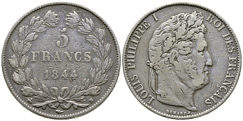 Франция 5 франков 1844 B, Луи Филипп I (1830-1848) KM 749.2 серебро 1066-7-61
