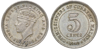 Британская Малайя 5 центов 1943 Георг VI (1937-1952) KM 3a серебро 53-142
